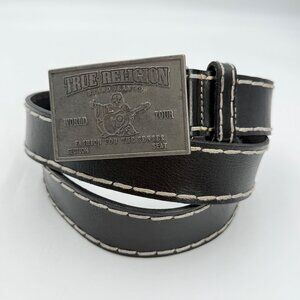 True Religion Genuine Leather Belt Mens Size 42 Black w/ White Stitching Buckle